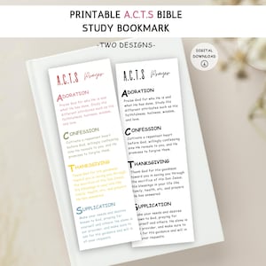Puede incluir: Dos marcadores imprimibles de estudio bíblico A.C.T.S. Cada marcador presenta el texto "A.C.T.S Prayer" en la parte superior, seguido de secciones para Adoración, Confesión, Acción de Gracias y Súplica. Los marcadores son blancos con texto colorido.