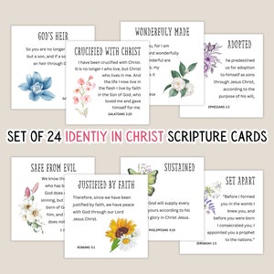 24 cartões de identidade em Cristo para imprimir, cartões de memorização de versículos bíblicos, cartões de versículos bíblicos para mulheres, 24 cartões de escrituras para imprimir,