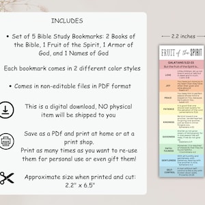 May include: Set of five printable Bible study bookmarks in PDF format. The bookmarks feature different themes, including the Fruit of the Spirit, the Armor of God, and the Names of God. Each bookmark is 2.2 inches wide by 6.5 inches tall.