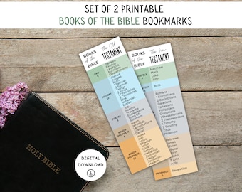 Op de afbeelding: Een set van twee printbare bladwijzers met een lijst van de boeken van het Oude en Nieuwe Testament. De bladwijzers liggen op een houten oppervlak met een gesloten Bijbel en een bos paarse bloemen.