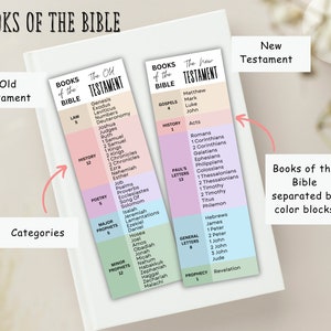 May include: A colorful chart listing the books of the Bible, separated by color-coded blocks for the Old and New Testaments. The chart includes the categories of each book, such as Law, History, Poetry, Major Prophets, Minor Prophets, Gospels, History, Paul's Letters, General Letters, and Prophecy.