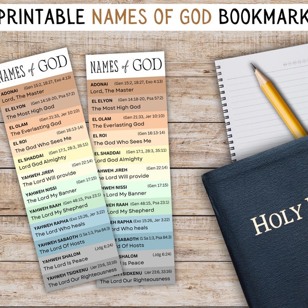 Names of God bookmark, Printable Bible bookmark, Names of God printable, Names and attributes of God, Bible study tools, Bible study gifts