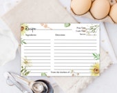 Floral recipe cards 4 x 6, Recipe cards 4 x 6, 4x6 recipe cards, Recipe card for bridal shower, Sunflower recipe cards, Kitchen recipe card