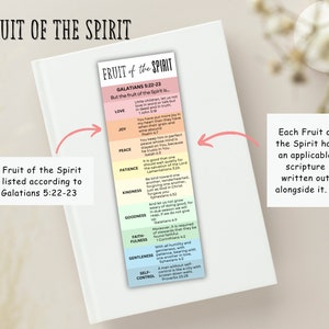 May include: A colorful printable bookmark with the text "FRUIT of the SPIRIT" and a list of the fruits of the Spirit, including love, joy, peace, patience, kindness, goodness, faithfulness, gentleness, and self-control, with corresponding scripture verses from the Bible.