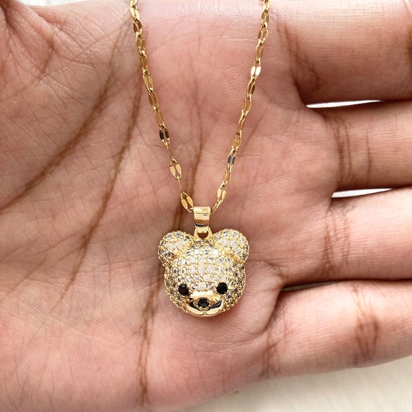 14k Gold Plated Mini Teddy Bear Head Pendant Necklace | Teddy Bear Charm | Diamond Pendant | Gift For Her | Birthday Gift | Dainty Necklace