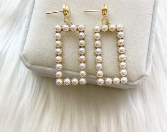 Tiny Pearl Earrings, Rectangle Hoops, Pearl Stud Earrings, 14k Gold Filled Geometrical Women’s Stud Earrings, Elegant Pearl Jewelry For Her