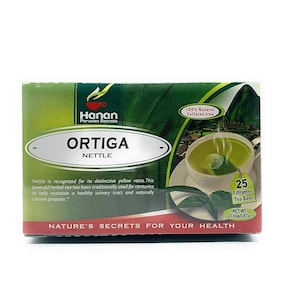 Könnte beinhalten: Eine Schachtel Hanan Peruvian Secrets Ortiga Brennnessel-Teebeutel. Die Schachtel ist grün und rot mit einem Bild einer Tasse Tee. Der Text auf der Schachtel lautet "100% Natürlich Koffeinfrei" und "25 Filterbeutel". Die Schachtel sagt auch "Die Geheimnisse der Natur für Ihre Gesundheit".