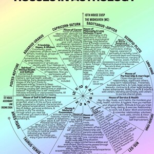 Può includere: Un diagramma astrologico circolare intitolato Understanding the 12 Houses in Astrology, creato da Amy Nguyen Cosmic Reiki Elements. Il grafico presenta dodici segmenti etichettati con segni zodiacali, pianeti e descrizioni dettagliate di ogni casa.