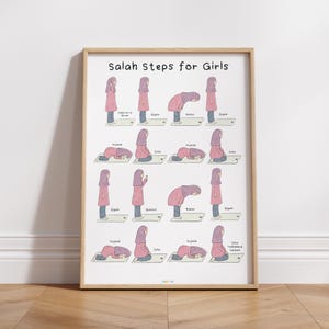 May include: A printable poster with illustrations showing the steps of Salah (Islamic prayer) for girls. The poster has a pink and white color scheme and includes the Arabic words for each step.