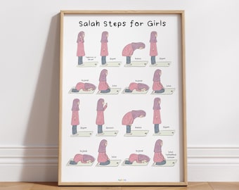 Può includere: Un poster stampabile con illustrazioni che mostrano i passaggi del Salah (preghiera islamica) per le ragazze. Il poster ha uno schema di colori rosa e bianco e include le parole arabe per ogni passaggio.