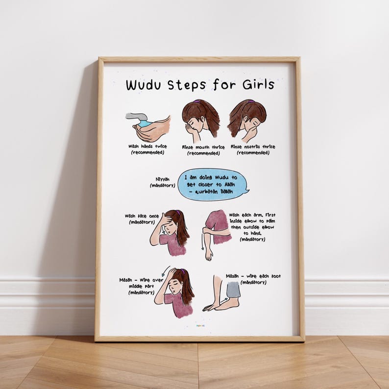 Passi Wudu per ragazze / Arte murale islamica Shia Ithna Ashari per bambini / Guida Wudu / Regalo per Eid e Ramadan / Arte digitale islamica educativa immagine 1