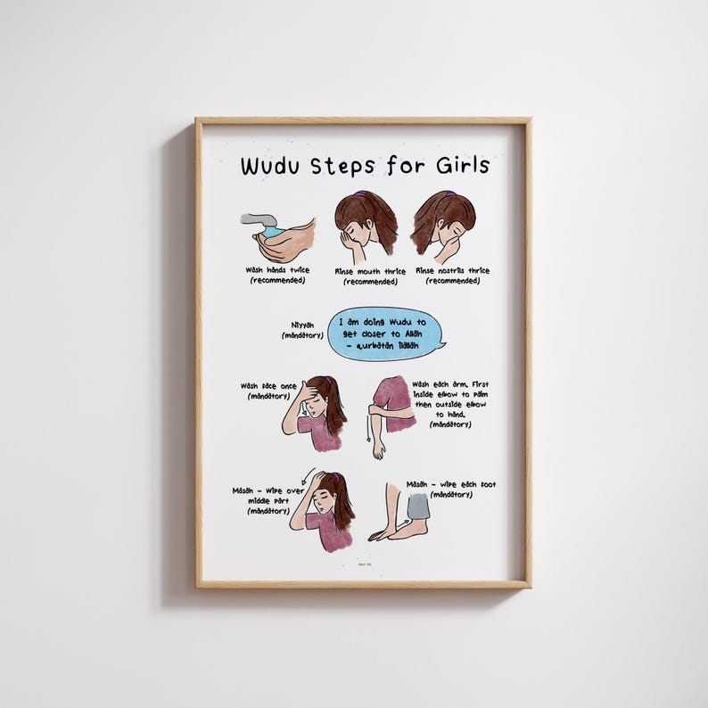 Passi Wudu per ragazze / Arte murale islamica Shia Ithna Ashari per bambini / Guida Wudu / Regalo per Eid e Ramadan / Arte digitale islamica educativa immagine 2