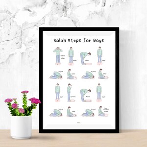 May include: A colorful illustrated guide showing the steps of Salah prayer for boys. The steps are illustrated with a cartoon boy in each pose. The steps are labeled in English and Arabic.