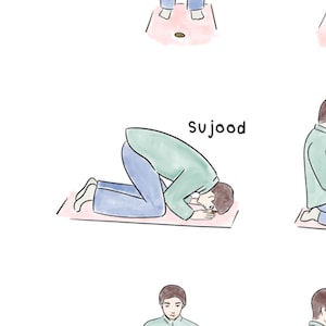 May include: A simple illustration of a person performing the sujood position in prayer. The person is kneeling on a pink prayer rug with their forehead touching the rug. The word "sujood" is written above the person in black text.