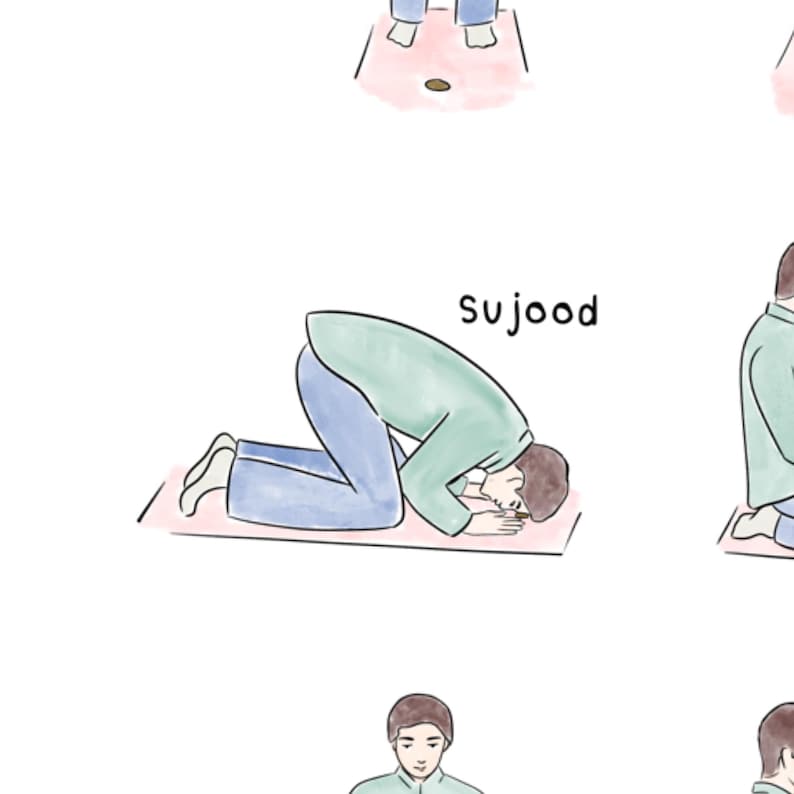 May include: A simple illustration of a person performing the sujood position in prayer. The person is kneeling on a pink prayer rug with their forehead touching the rug. The word "sujood" is written above the person in black text.