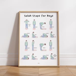 May include: Illustrated guide showing the steps of Salah prayer for boys. The steps are shown in a sequence with illustrations of a boy in each position. The steps are labeled with Arabic words in English: Qiyam, Rukoo, Sujood, Julus, Tashahhud, Salaam.