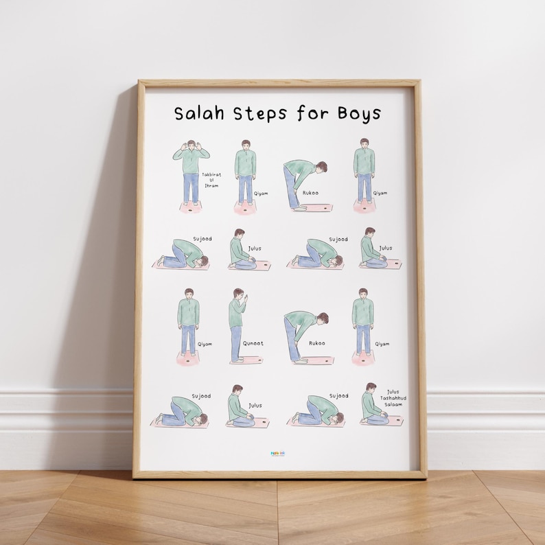 May include: Illustrated guide showing the steps of Salah prayer for boys. The steps are shown in a sequence with illustrations of a boy in each position. The steps are labeled with Arabic words in English: Qiyam, Rukoo, Sujood, Julus, Tashahhud, Salaam.