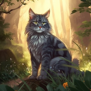Könnte beinhalten: Eine grau-weiße getigerte Katze mit gelben Augen sitzt in einer Waldlandschaft. Die Katze schaut direkt auf den Betrachter. Der Hintergrund ist ein verschwommenes Bild von Bäumen und Blättern.