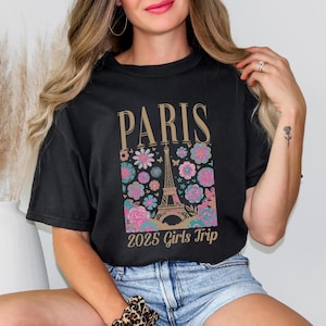 旅行者グループシャツ、フランスへの友達旅行の服装、花柄のエッフェル塔パリ旅行Tシャツ、旅行者の女の子へのギフト、お揃いのパリ旅行