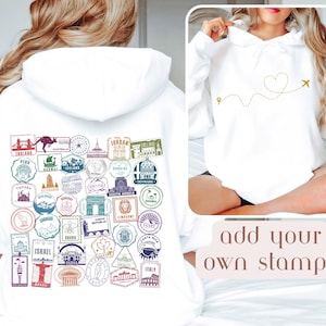 Custom Travel Stamps Hoodie, Personalized Countries Around the World Traveler Gift, Cities of the World Map Appreciation, Traveler Keepsake