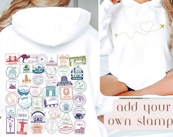 Custom Travel Stamps Hoodie, Personalized Countries Around the World Traveler Gift, Cities of the World Map Appreciation, Traveler Keepsake