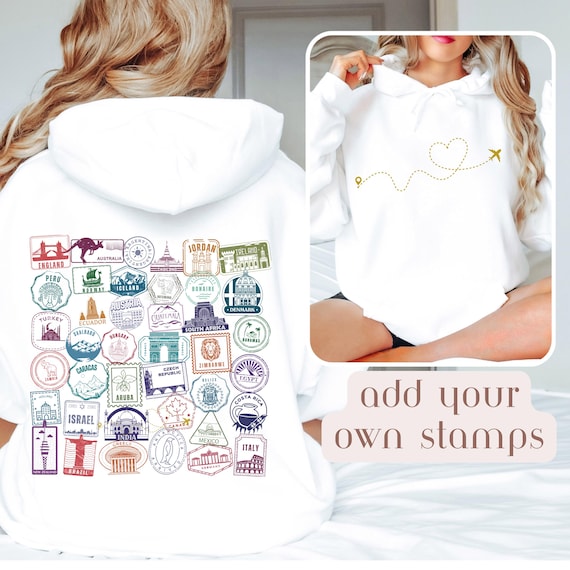 Personalized Travel Stamps White Hoodie, Custom Countries Around the World Traveler Gift, Cities World Map Appreciation, Traveler Keepsake