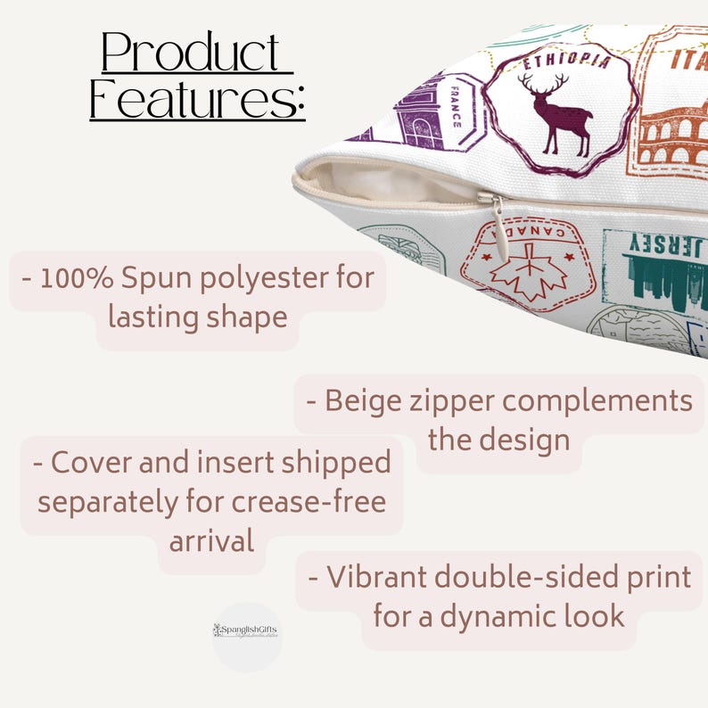 May include: White pillow with a travel stamp design featuring stamps from France, Ethiopia, and Italy. The pillow has a beige zipper and is made of spun polyester. The text "Product Features" is at the top.