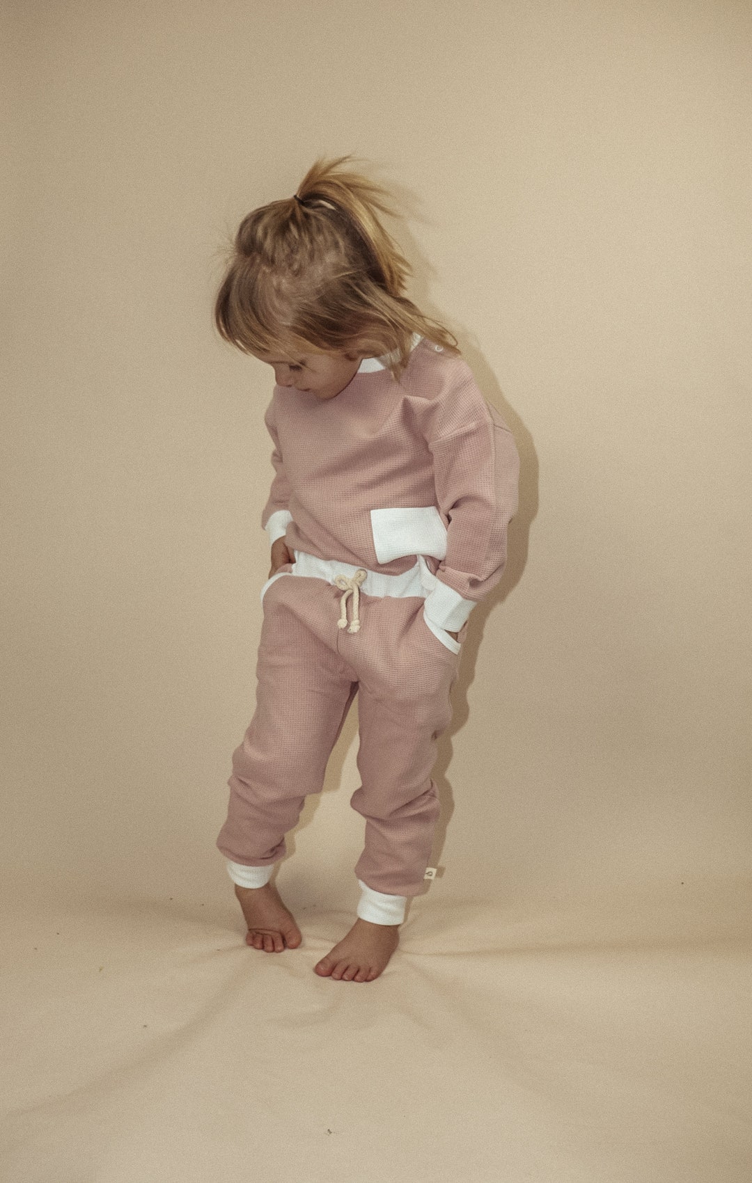 Rose Pink Waffle Knit Infant Lounge Set Pants & Top Knot Hat