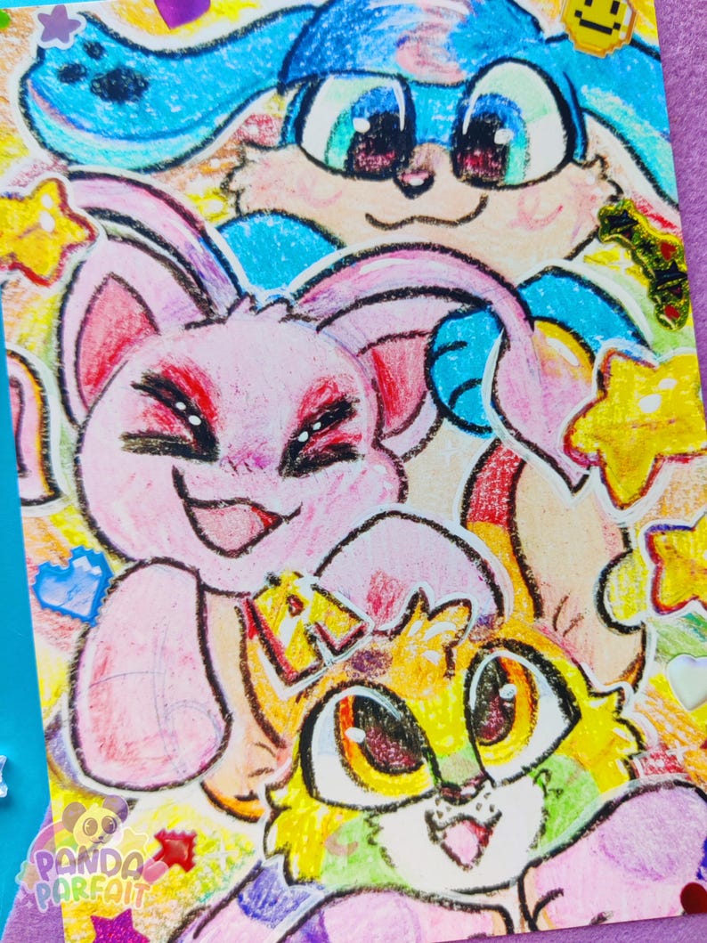 May include: A colorful illustration featuring three cartoon animals with large eyes and smiling faces. The top animal is blue, the middle is pink, and the bottom is yellow and green. The text "Panda Parfait" is visible.