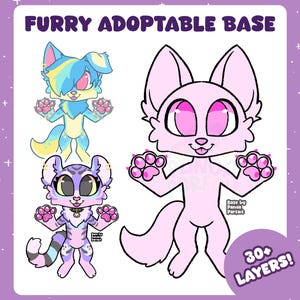 A chibi furry lineart base, standing with paws up. The base is next to two finished colored examples. Text on the top reads "Furry Adoptable Base."