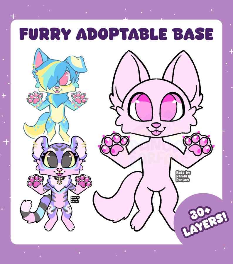 A chibi furry lineart base, standing with paws up. The base is next to two finished colored examples. Text on the top reads "Furry Adoptable Base."