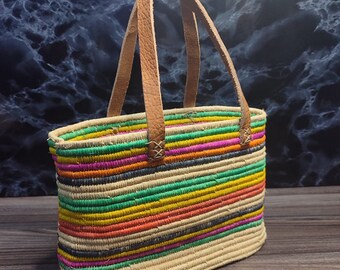 Handmade Wicker Basket Leather Handle, Wicker Basket, Colorful Straw Bag, French Baskets, Moroccan Basket, Straw Basket, Beach Bag