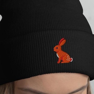 Embroidered Rabbit Cuffed Beanie | Unisex Winter Knit Hat