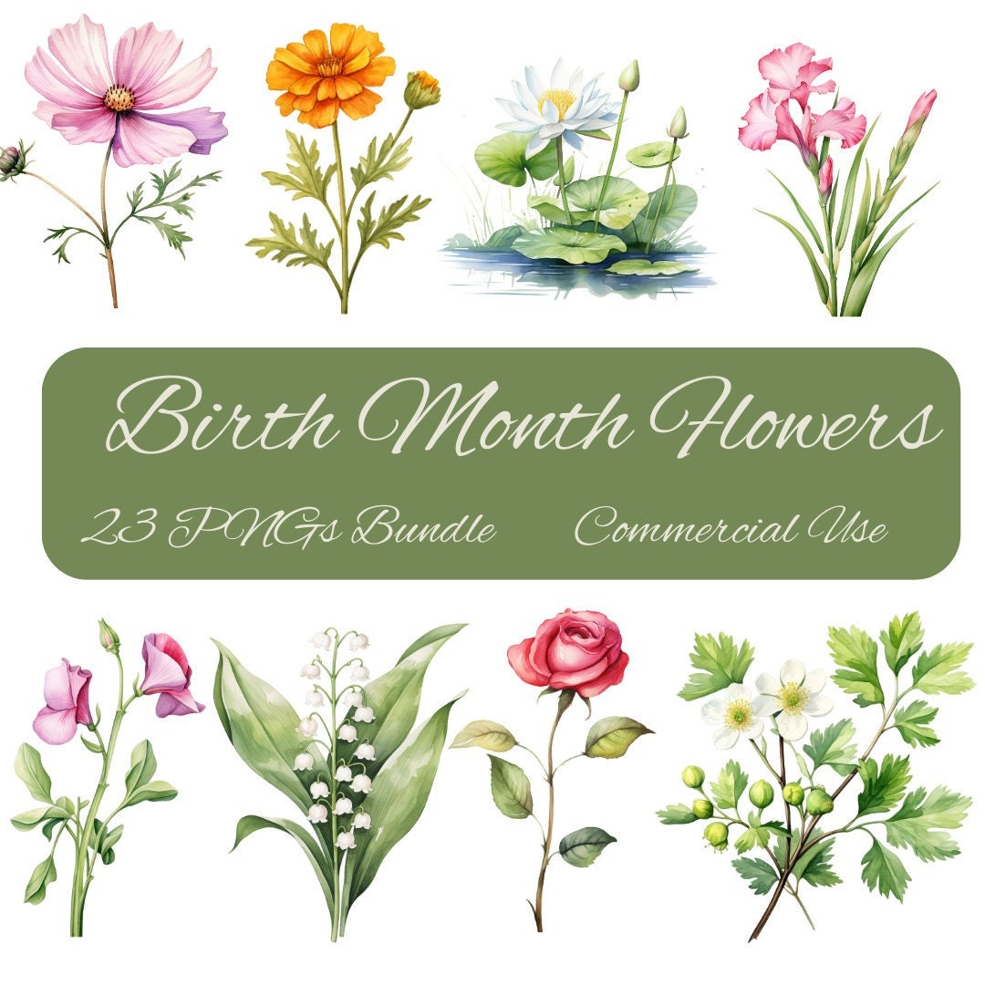 Birth Month Flower Bouquet Bundle Watercolor Birth Month Etsy