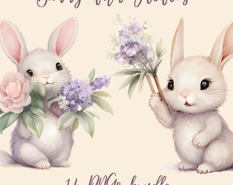 14 Bunnies with Flowers PNGs, Bunny clipart, Cute Bunny,Commercial use,Digital Download,Watercolor Clipart,Card,Clip Art, No Background