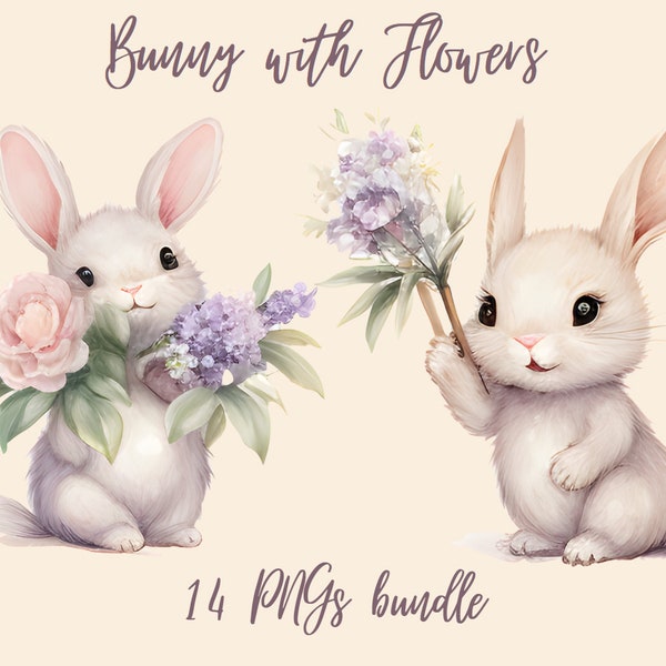 14 Bunnies with Flowers PNGs, Bunny clipart, Cute Bunny,Commercial use,Digital Download,Watercolor Clipart,Card,Clip Art, No Background