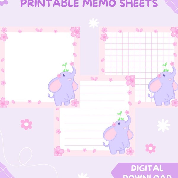 Spring Elephant Printable Notepad | Cute Stationery | Digital Download | Kawaii Memo Sheets | Cute Printable Memo Pad | Cute Stationery