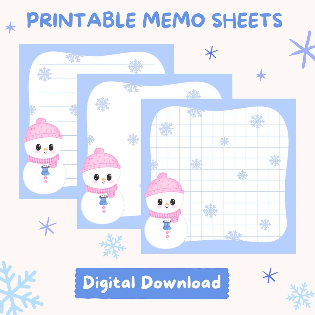 Cute Snowman Printable Memo Pad Cute Stationery Digital Download Kawaii ...