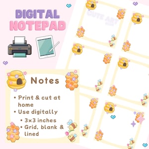 Bee Digital Notepad, Spring Printable Memo Pad, Kawaii Honeycomb Notepad, Digital Download Stationery, Bee Journal Grid Lined Blank