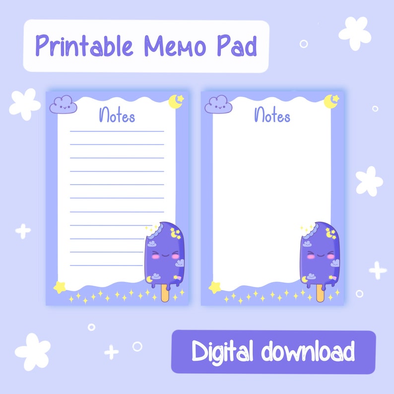 Ice Cream and Clouds Printable Notepad Cute Stationery Digital Download ...