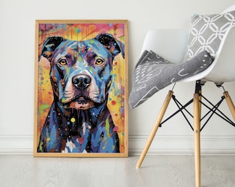 May include: A colorful painting of a pit bull dog with blue, yellow, and red paint splatters on a yellow background. The dog is looking directly at the viewer.