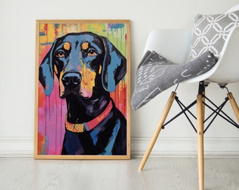 以下が含まれることがあります： ピンクの首輪をした黒い犬のカラフルな絵画。犬は右を見て、真剣な表情をしています。背景は、黄色、ピンク、青、緑など、明るい色のミックスです。