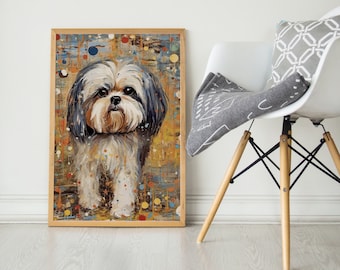Può includere: Dipinto incorniciato di un cane Shih Tzu. L'opera presenta uno stile impressionista colorato con una cornice in legno marrone. Il cane ha un mantello bianco e marrone con una testa blu scuro e bianca.