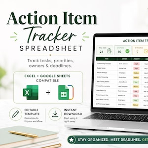 May include: A laptop screen displaying an Action Item Tracker spreadsheet with columns for task, owner, priority, due date, status, and notes. The interface includes summary boxes for total tasks, completed, in progress, not started, and overdue items.