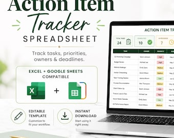 Action Item Tracker Spreadsheet | Excel, Google Sheets Task Follow Up (Digital Download)