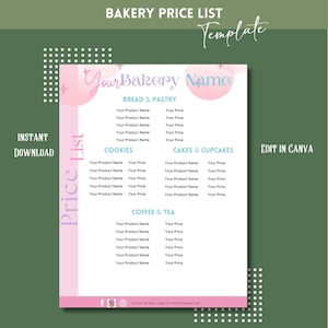 Kuchen Preisliste, Minimalistische Preisliste, Bäckerei Menü Tempate, Bäckerei Preis, Bearbeitbare Preisliste Vorlage, Bäckerei Geschäft