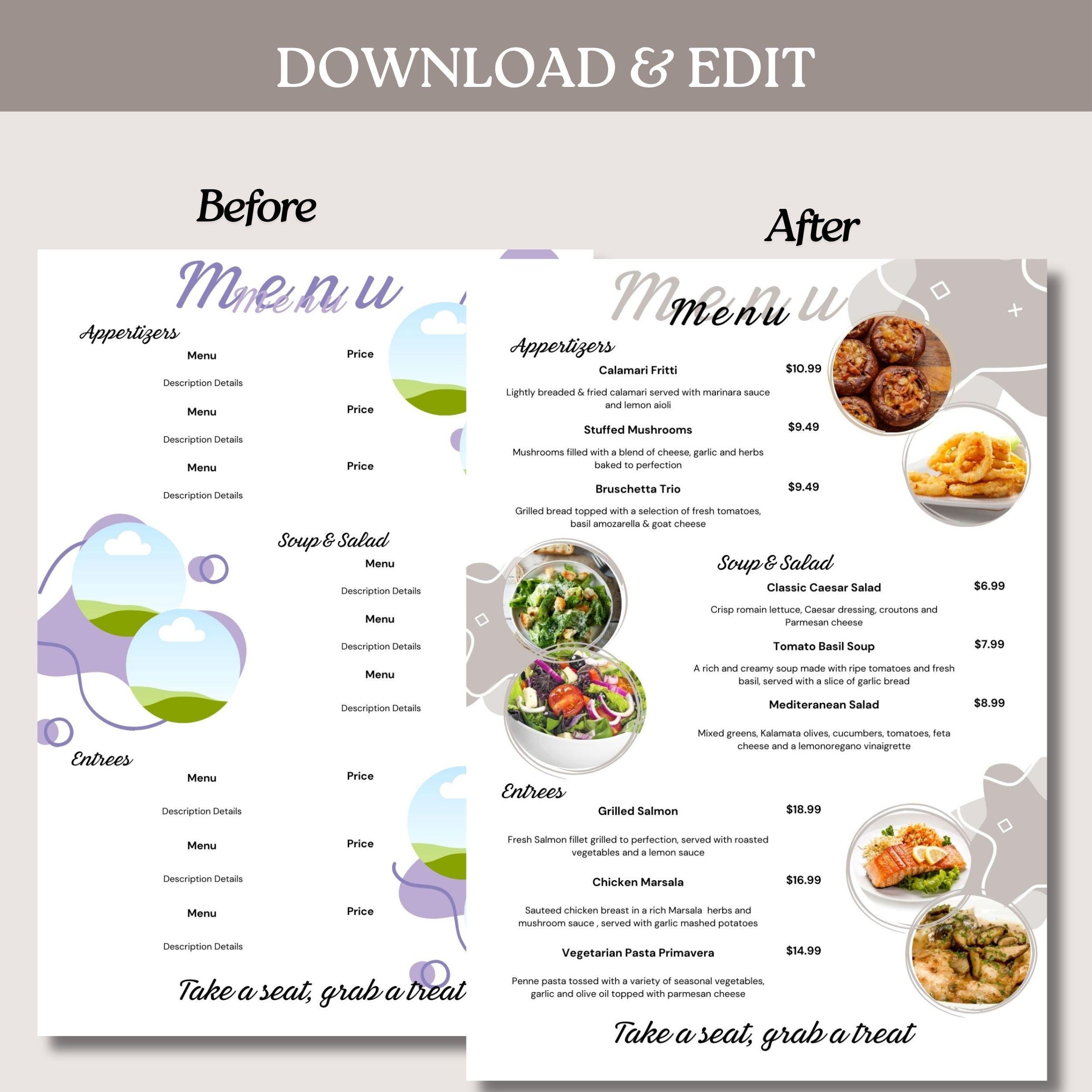 Editable Minimalist Food and Beverage Menu Template,printable Menu Card ...