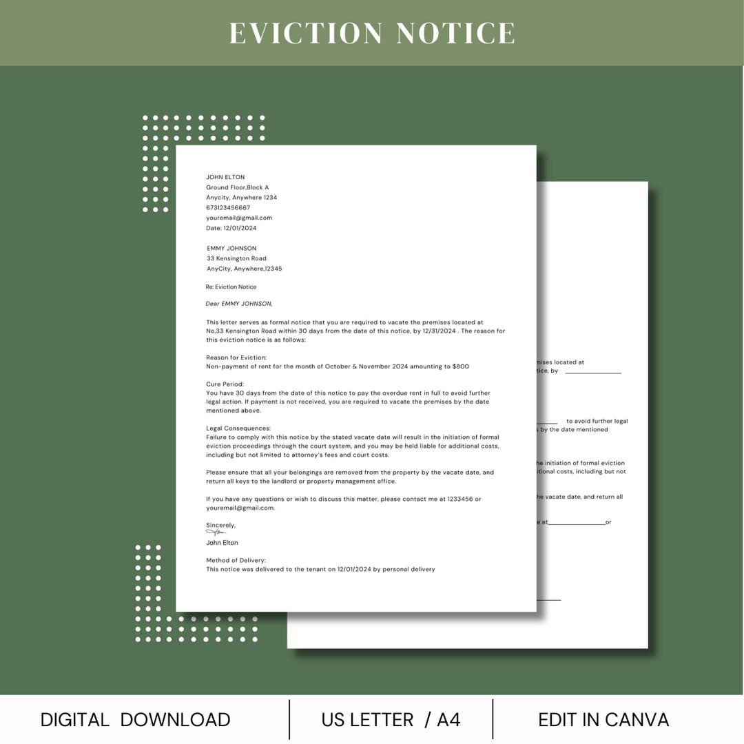 Eviction Notice Letter,eviction Notice Template,eviction Letter,notice ...