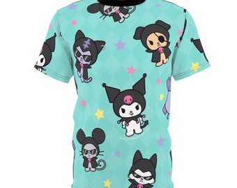 Cute Kawaii Uromi 5 Kitty Bunny Checker Design Unisex Cut & Sew Tee (AOP)