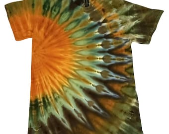 Hand Dyed T-Shirt: SUNDOWN FOREST with Orange, Green and Brown dyes